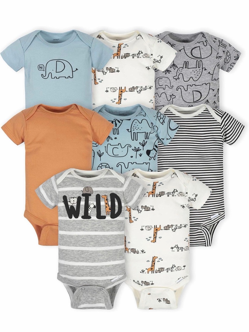 Gerber Baby One-Piece Bodysuit Set - Blue, Gray, Orange, White, Cream